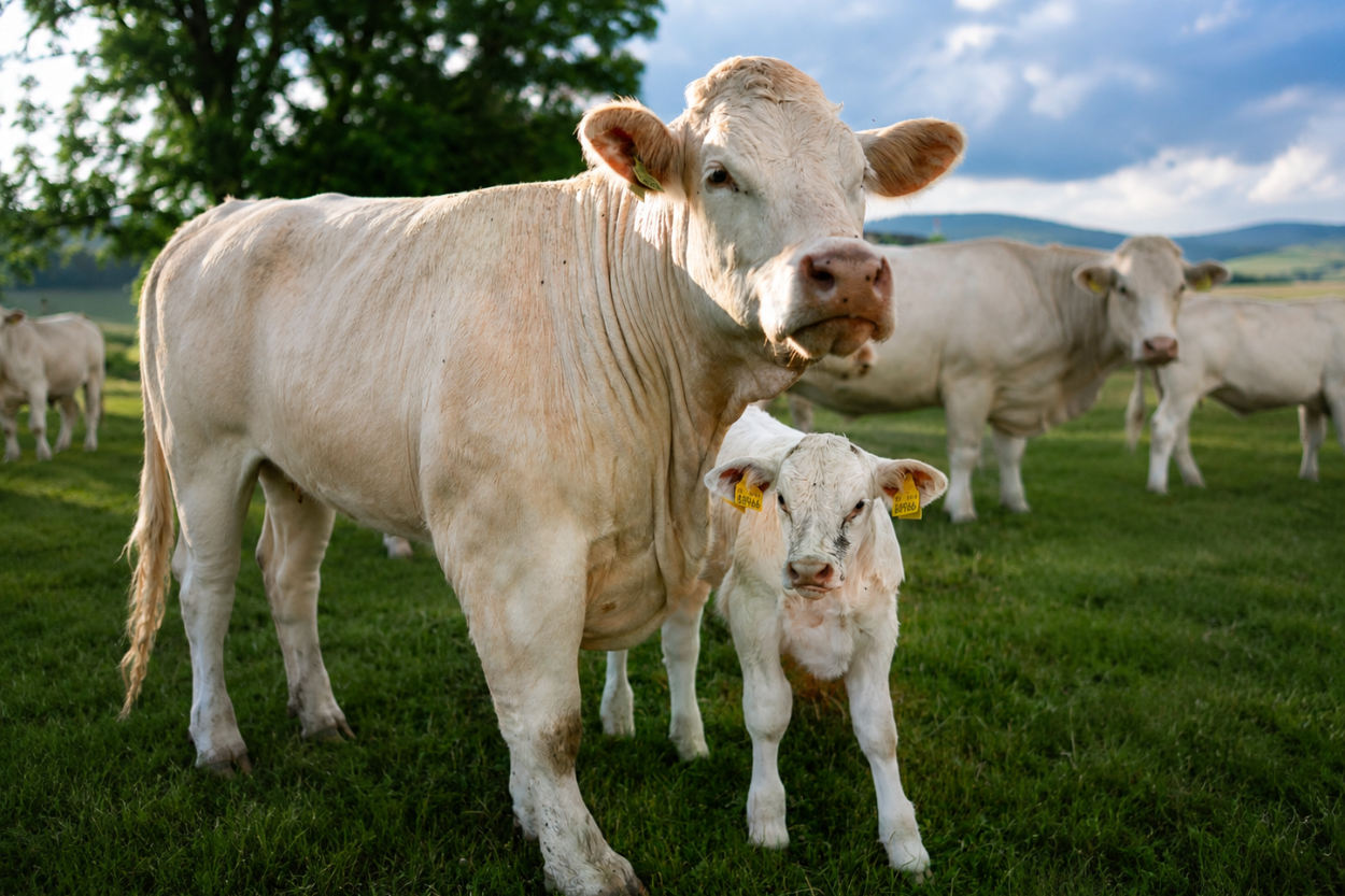 Hovädzí dobytok plemena Charolais na pasienku Green Farm Šemša